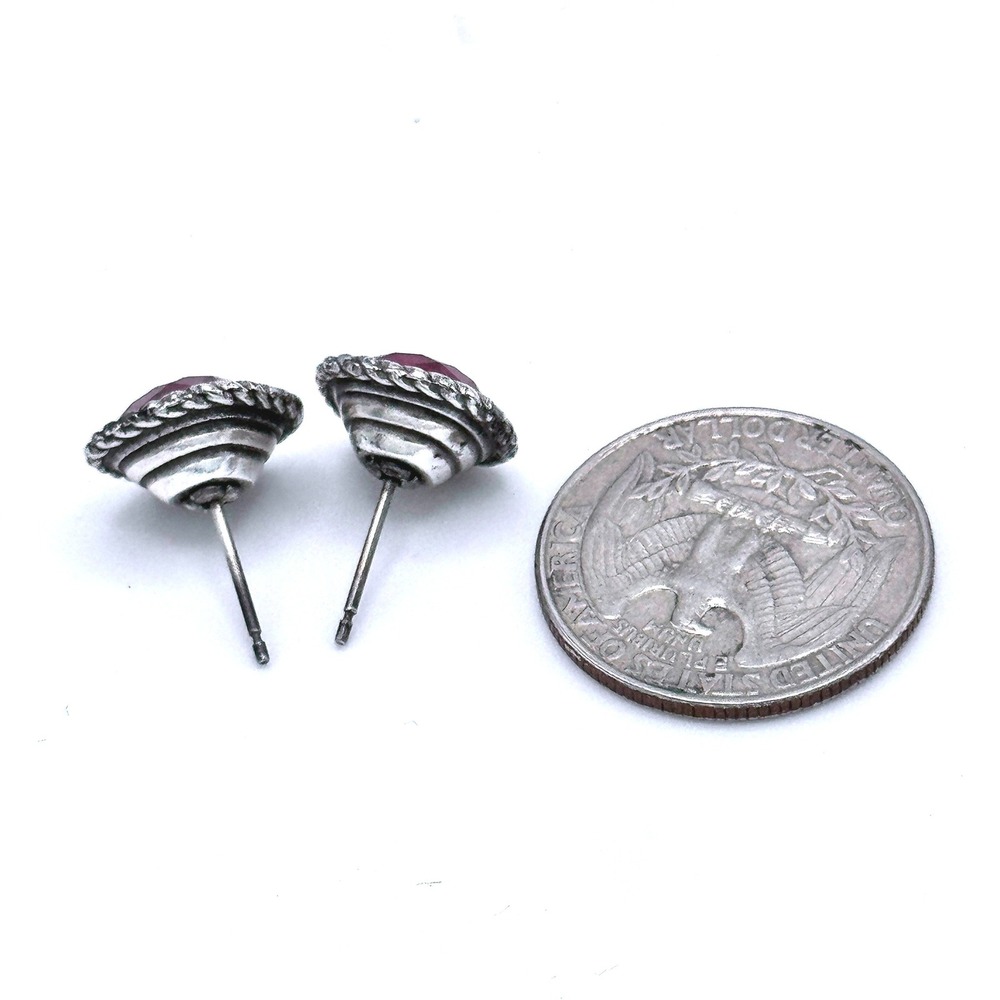 Sparkling Red Square Crystal Stud Earrings Silver Tone Twisted Rope Border - Picture 2 of 4